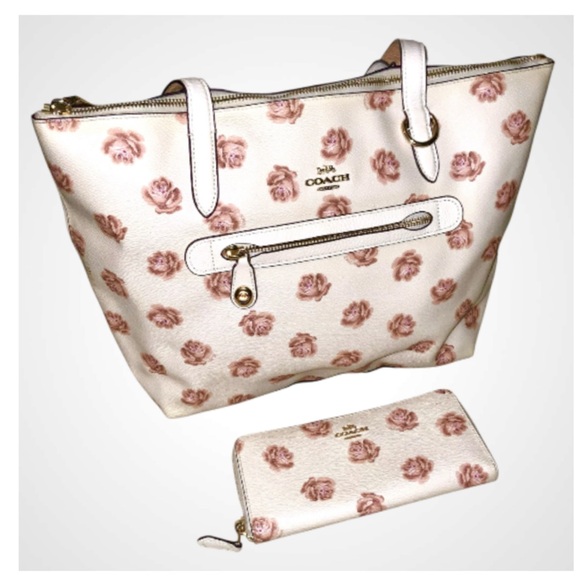 Coach Rose Print Taylor Tote and Wallet - Cream and Pink - Picture 1 of 13
